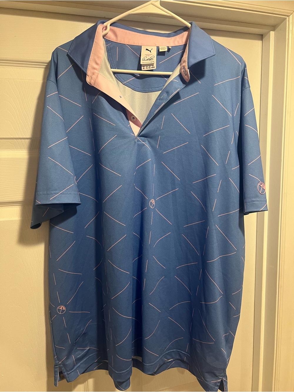 Puma Arnold Palmer Golf Men's Blue Short-Sleeve Polo with Pink Accents